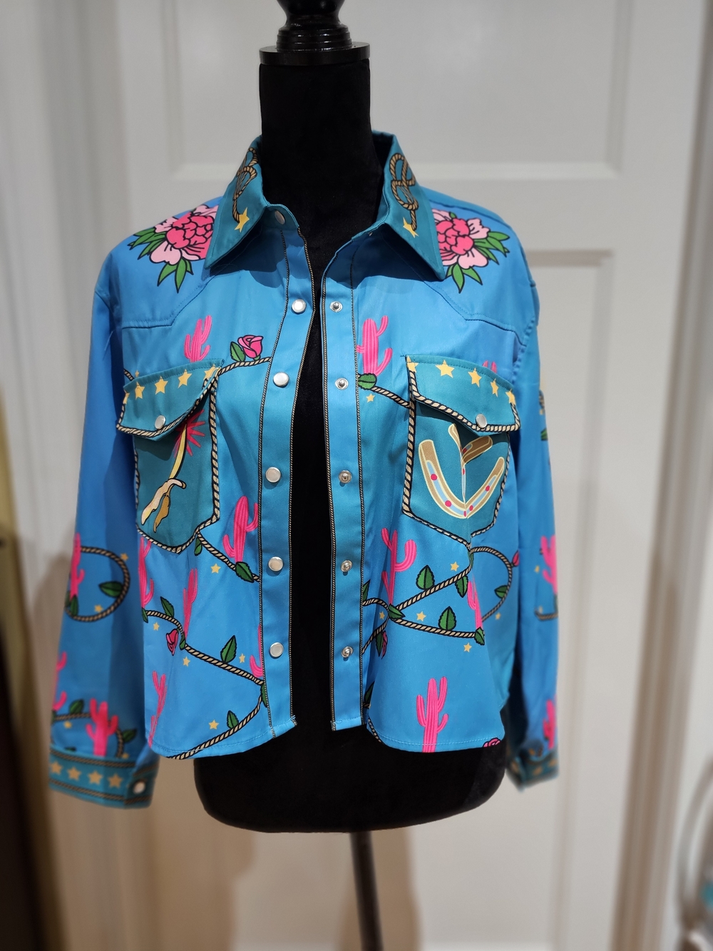 Lucky & Blessed Turquoise Western-Print Crop Jacket with Hot Pink Accents, NWOT